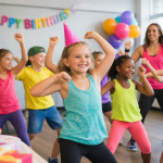 Anniversaire d’enfant animé par un cours de Zumba, enfants qui dansent en groupe dans une salle lumineuse, ambiance festive