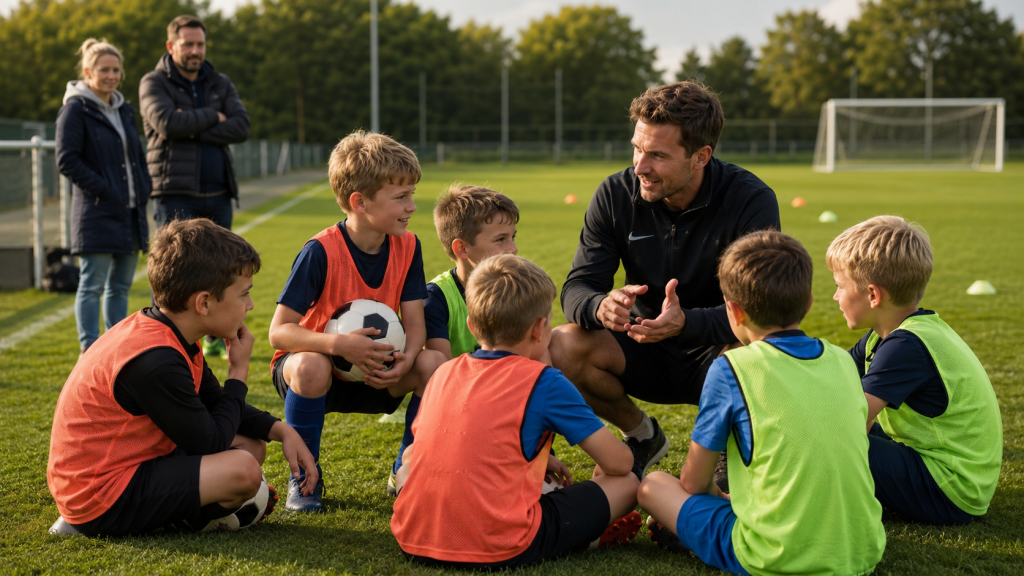 Éducateur de football échangeant avec un groupe d’enfants sur un terrain pendant l’entraînement sous le regard de parents en arrière-plan