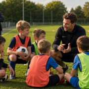 Éducateur de football échangeant avec un groupe d’enfants sur un terrain pendant l’entraînement sous le regard de parents en arrière-plan