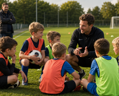 Éducateur de football échangeant avec un groupe d’enfants sur un terrain pendant l’entraînement sous le regard de parents en arrière-plan