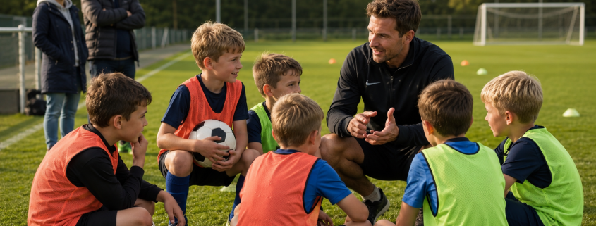 Éducateur de football échangeant avec un groupe d’enfants sur un terrain pendant l’entraînement sous le regard de parents en arrière-plan